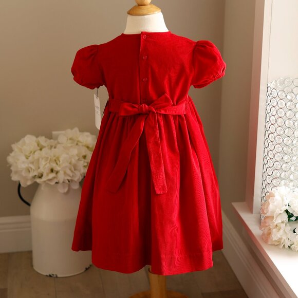 Red Smocked Cotton Pinwale Corduroy Dress Size 4/5 Boutique Traditional NWT - Picture 5 of 5
